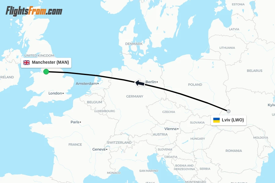 Flights from Lviv to Manchester route map