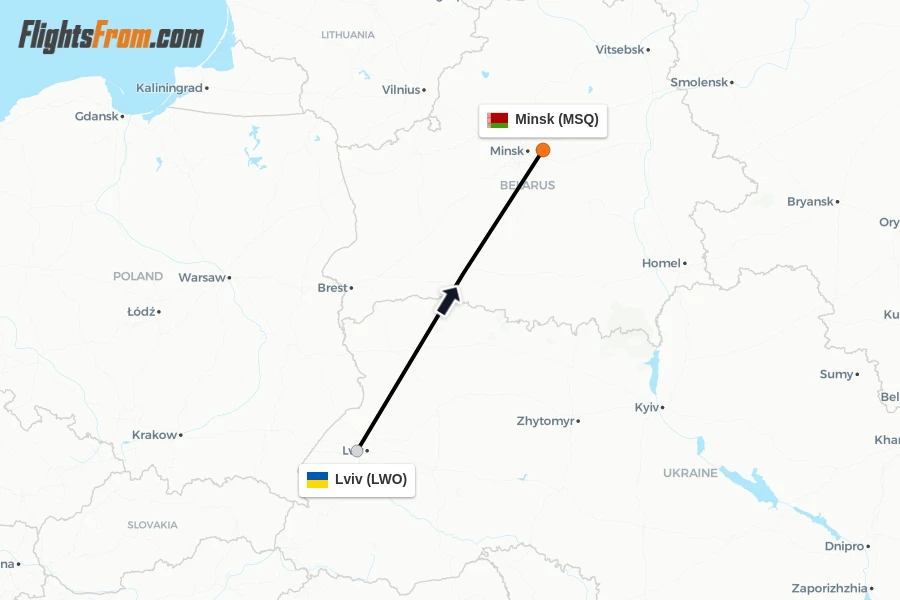 Flights from Lviv to Minsk route map