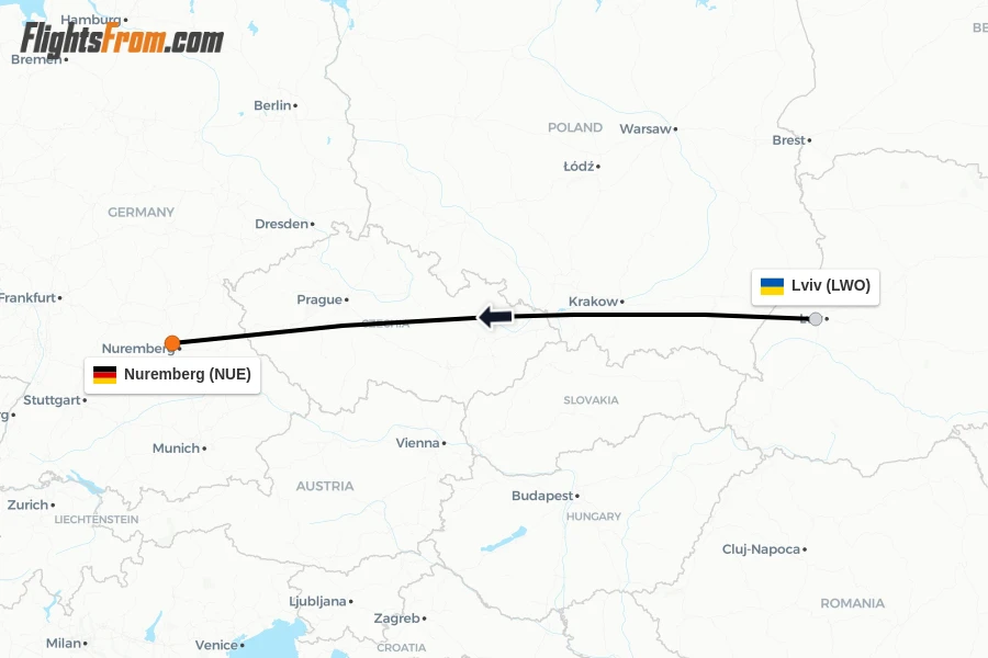 Flights from Lviv to Nuremberg route map