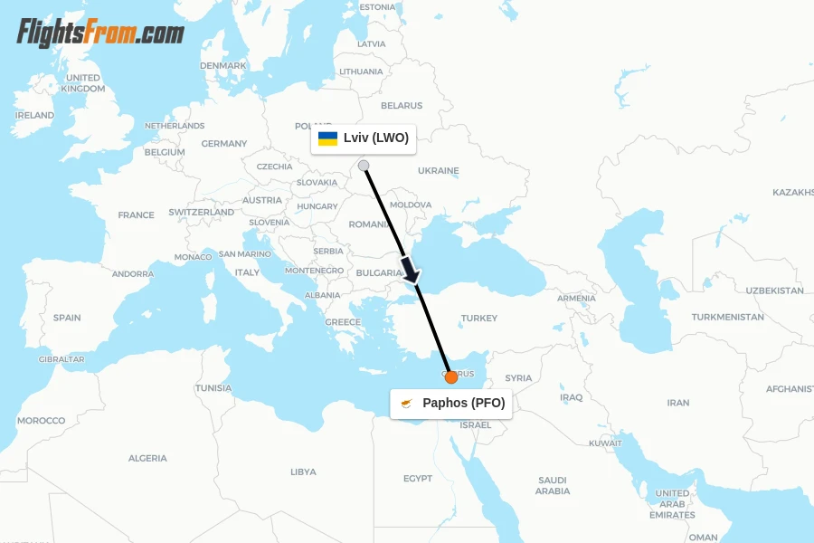 Flights from Lviv to Paphos route map