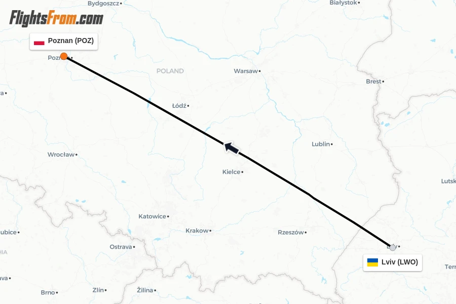 Flights from Lviv to Poznan route map