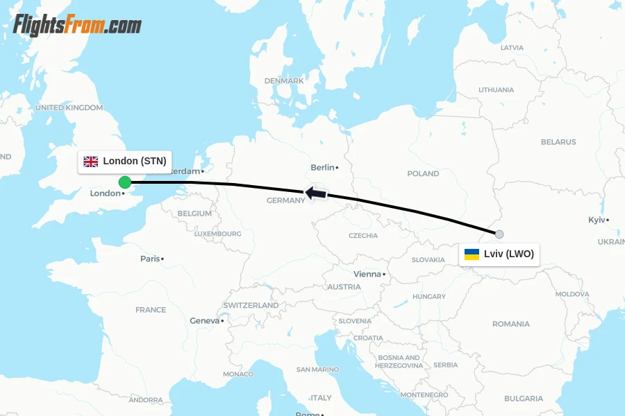 Flights from Lviv to London route map