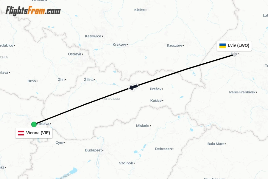 Flights from Lviv to Vienna route map