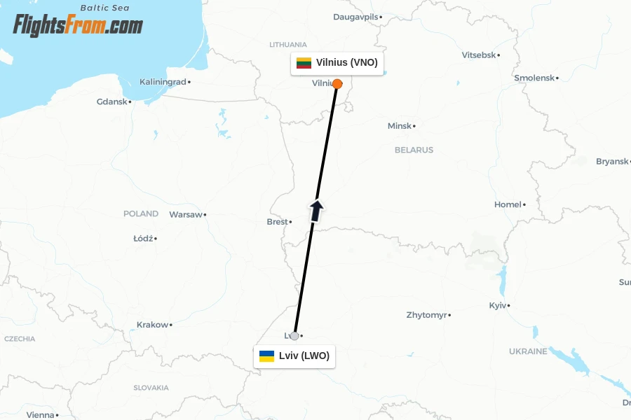 Flights from Lviv to Vilnius route map
