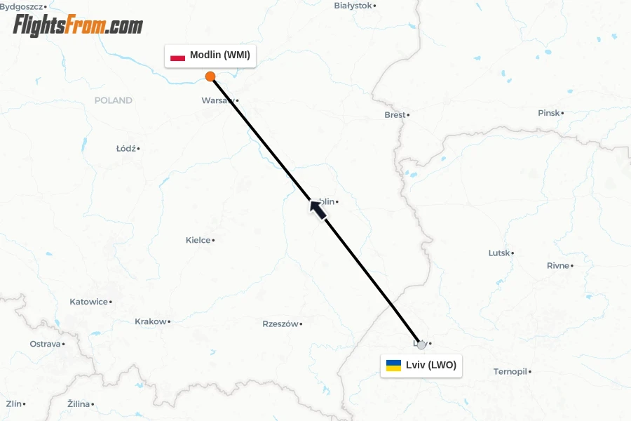 Flights from Lviv to Modlin route map