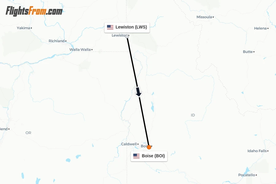 Flights from Lewiston to Boise route map