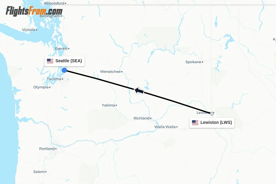Flights from Lewiston to Seattle route map