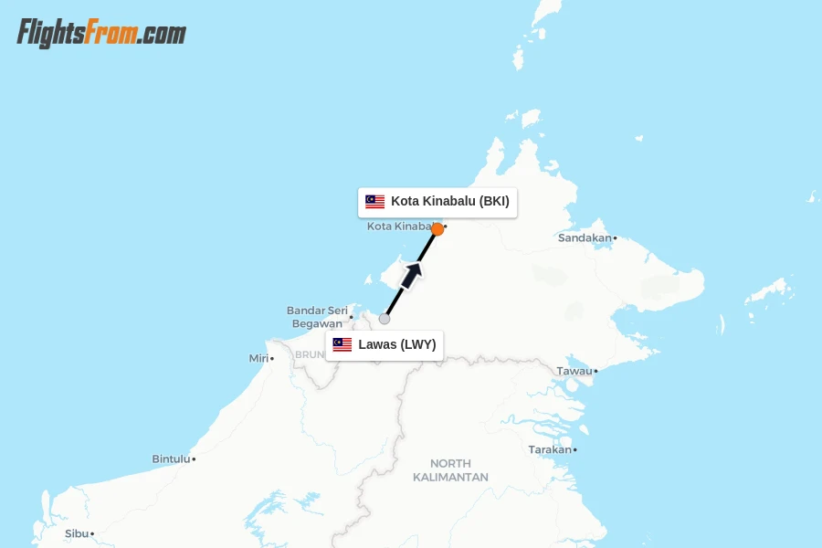 Flights from Lawas to Kota Kinabalu route map