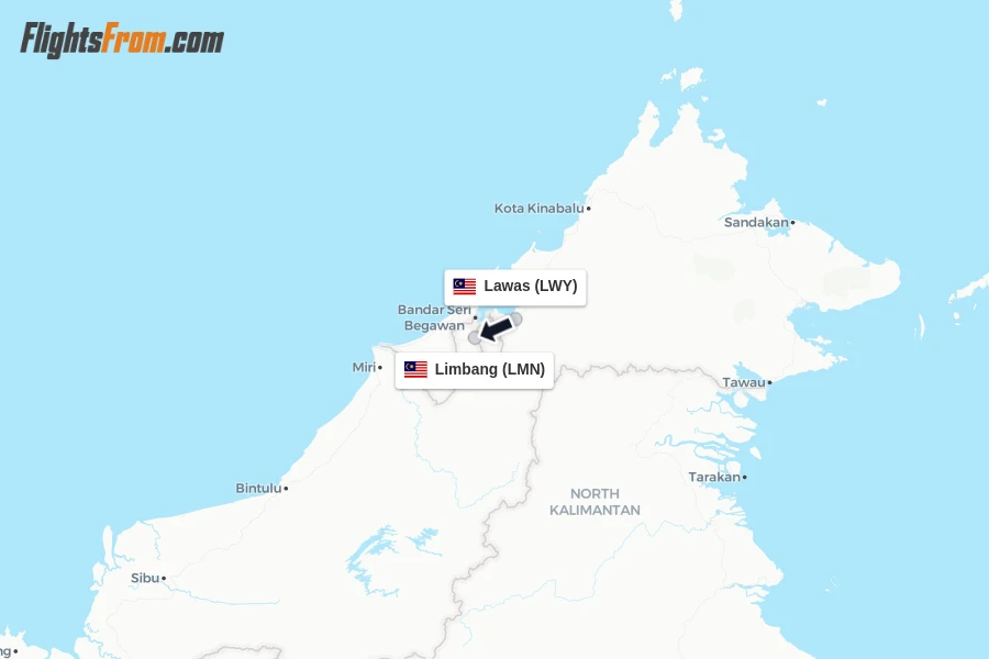 Flights from Lawas to Limbang route map