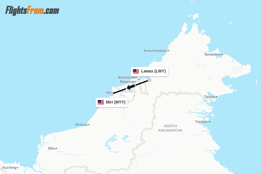 Flights from Lawas to Miri route map