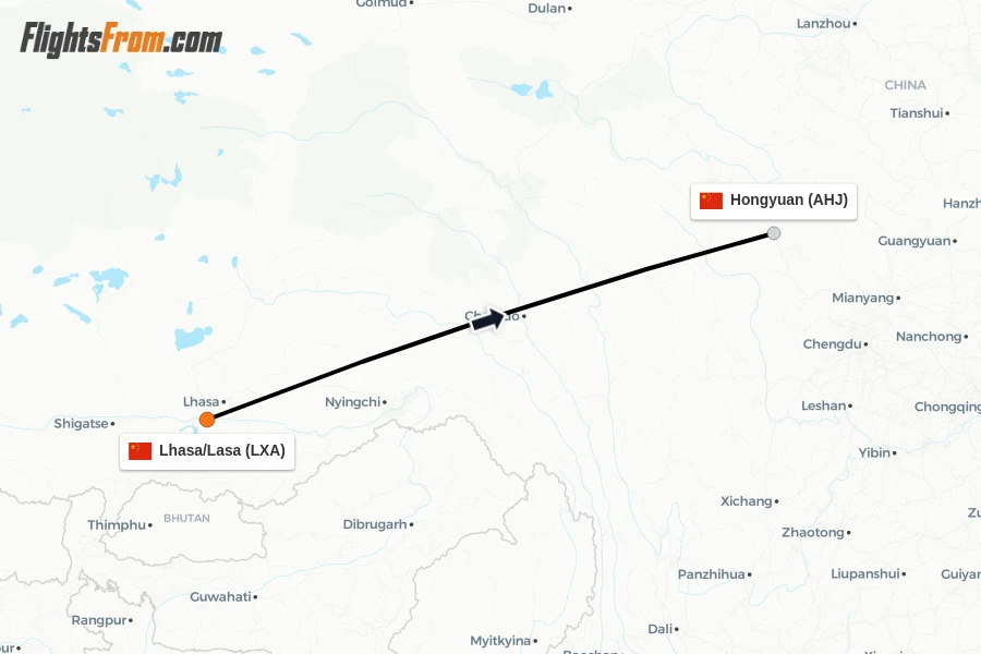Flights from Lhasa/Lasa to Hongyuan route map