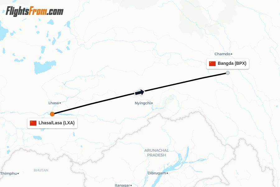 Flights from Lhasa/Lasa to Bangda route map