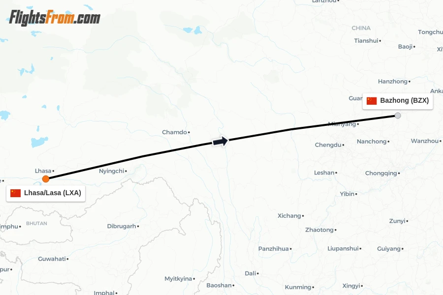 Flights from Lhasa/Lasa to Bazhong route map