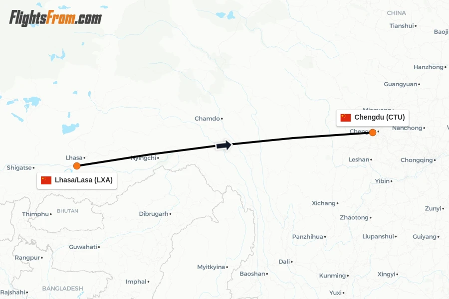 Flights from Lhasa/Lasa to Chengdu route map