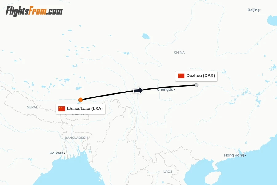 Flights from Lhasa/Lasa to Dazhou route map