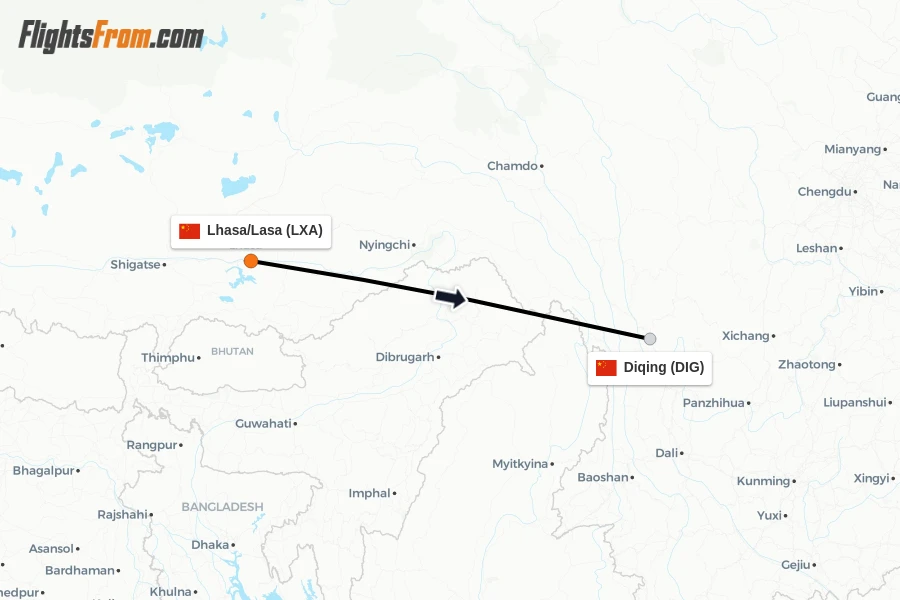 Flights from Lhasa/Lasa to Diqing route map