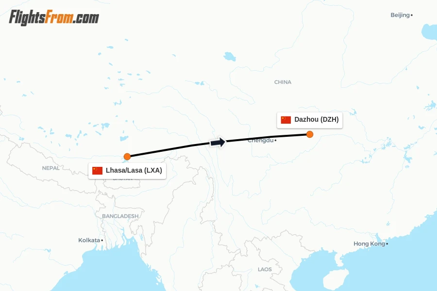 Flights from Lhasa/Lasa to Dazhou route map