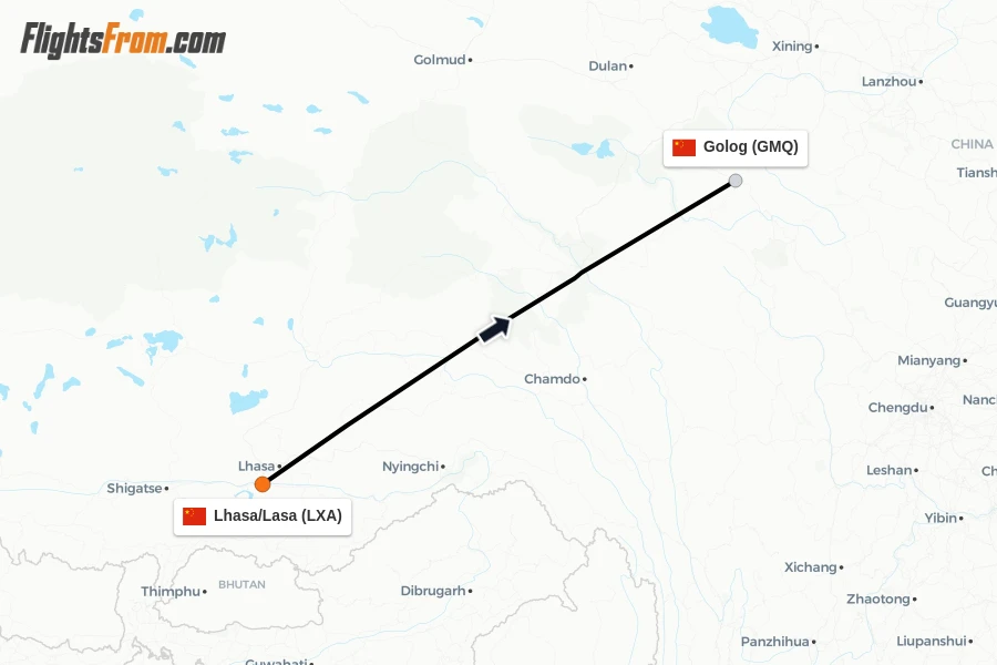 Flights from Lhasa/Lasa to Golog route map