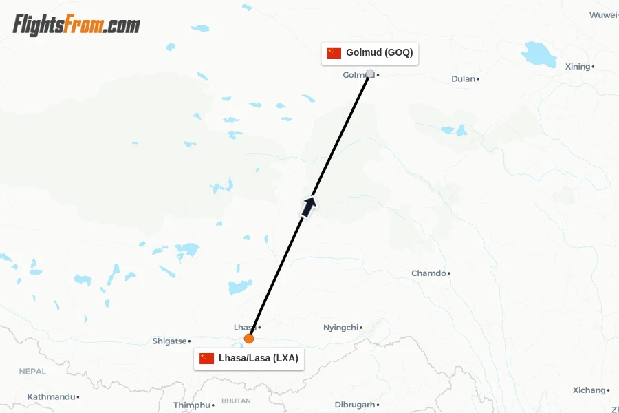 Flights from Lhasa/Lasa to Golmud route map