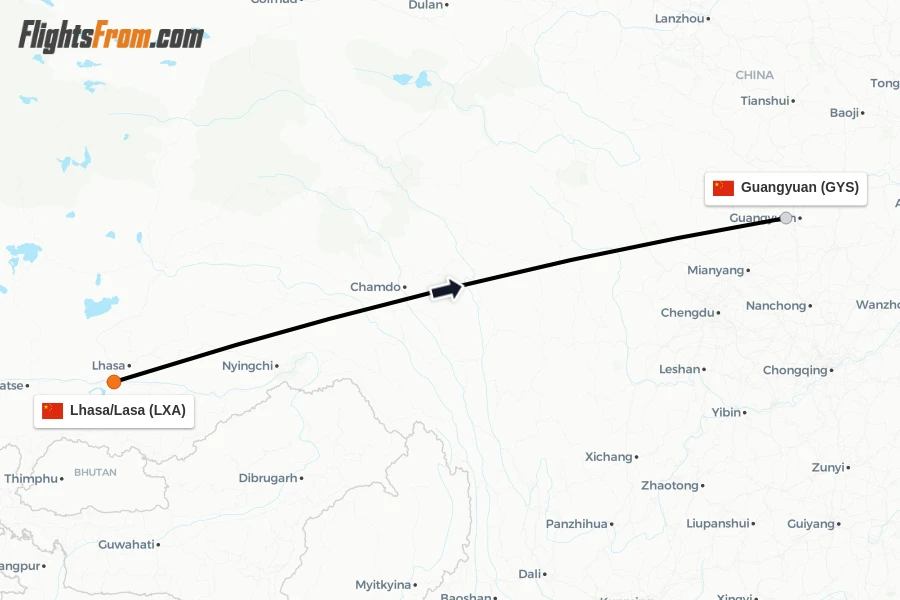 Flights from Lhasa/Lasa to Guangyuan route map