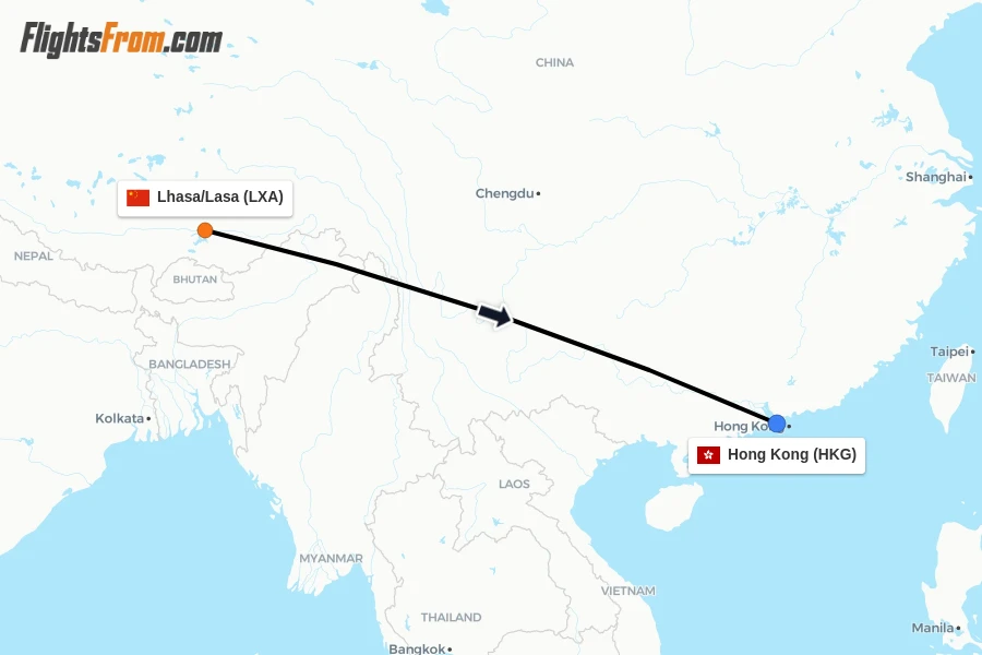 Flights from Lhasa/Lasa to Hong Kong route map