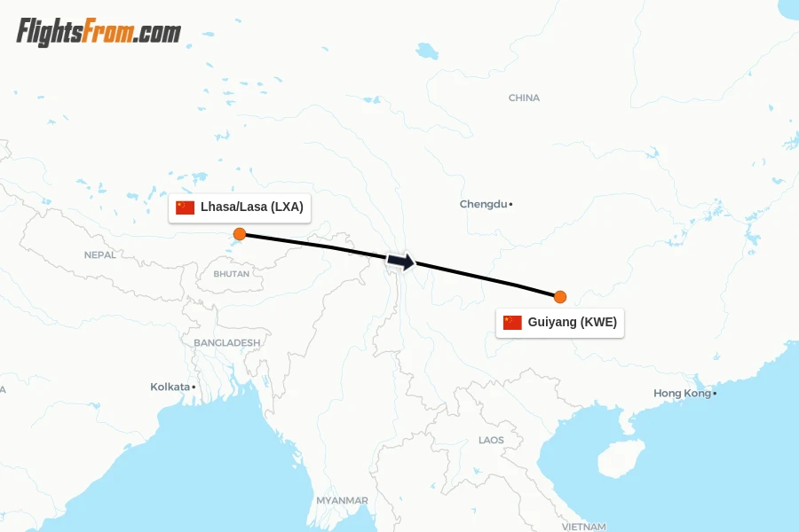 Flights from Lhasa/Lasa to Guiyang route map