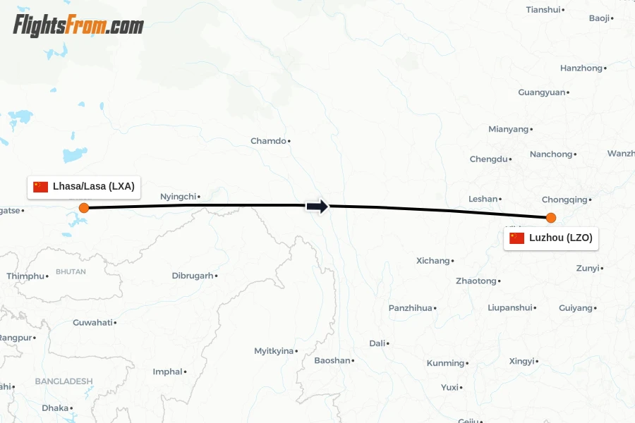 Flights from Lhasa/Lasa to Luzhou route map