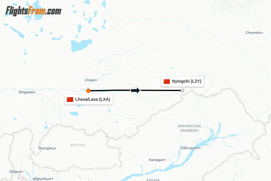Flights from Lhasa/Lasa to Nyingchi route map