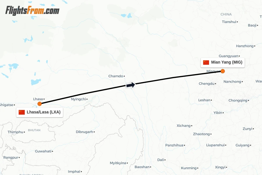 Flights from Lhasa/Lasa to Mian Yang route map