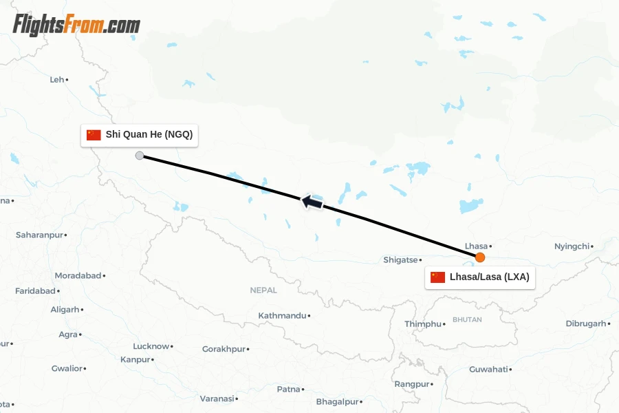 Flights from Lhasa/Lasa to Shi Quan He route map