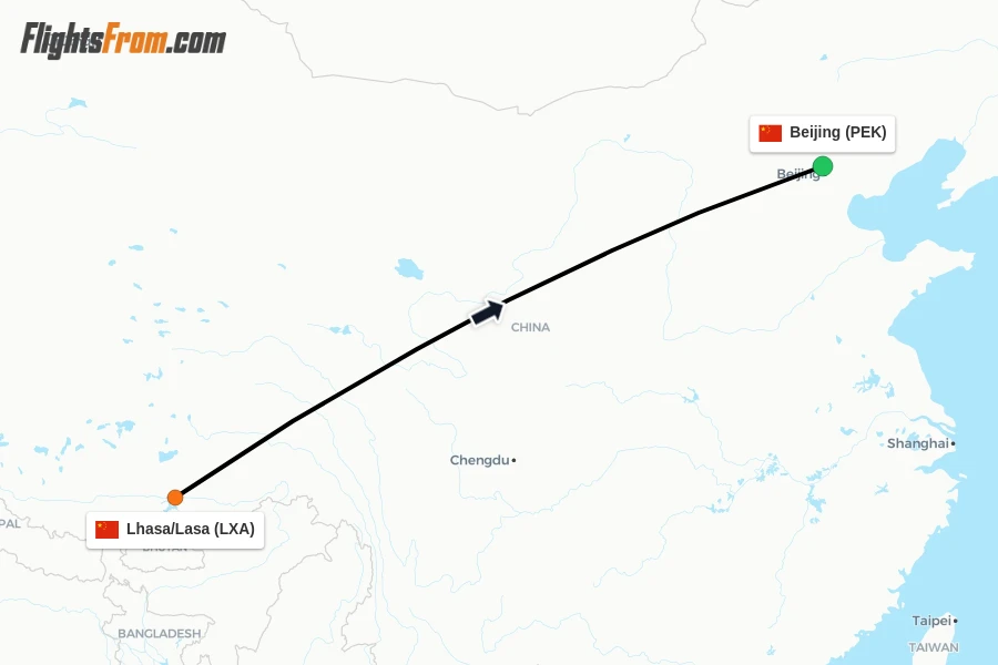 Flights from Lhasa/Lasa to Beijing route map