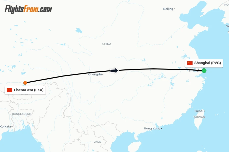 Flights from Lhasa/Lasa to Shanghai route map