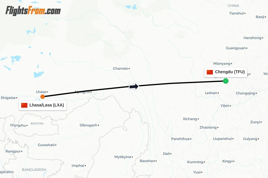 Flights from Lhasa/Lasa to Chengdu route map
