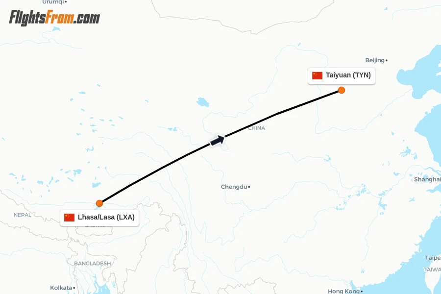 Flights from Lhasa/Lasa to Taiyuan route map