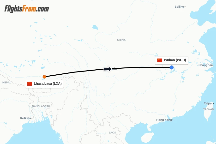 Flights from Lhasa/Lasa to Wuhan route map