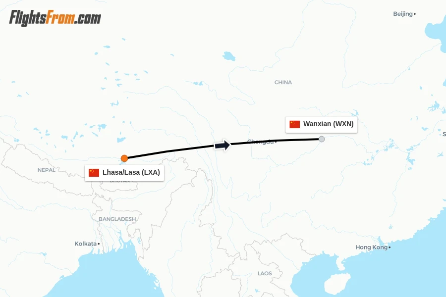 Flights from Lhasa/Lasa to Wanxian route map