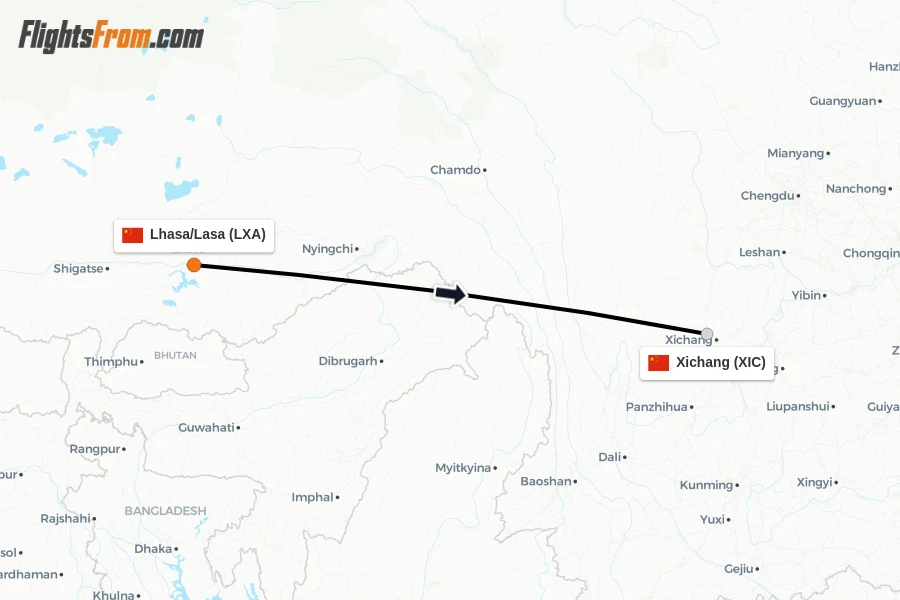 Flights from Lhasa/Lasa to Xichang route map