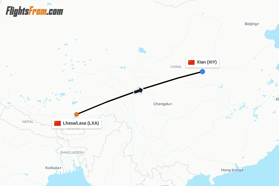 Flights from Lhasa/Lasa to Xian route map