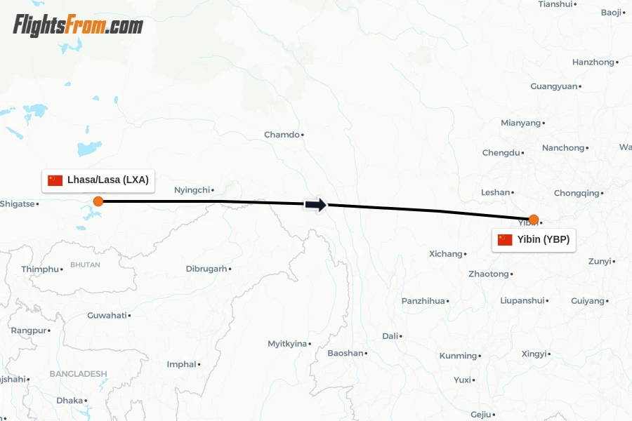 Flights from Lhasa/Lasa to Yibin route map
