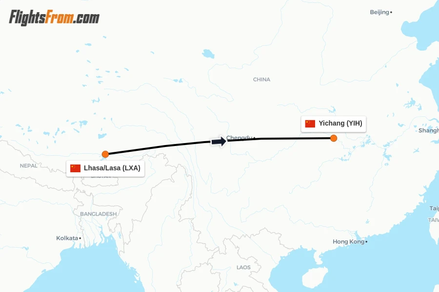 Flights from Lhasa/Lasa to Yichang route map