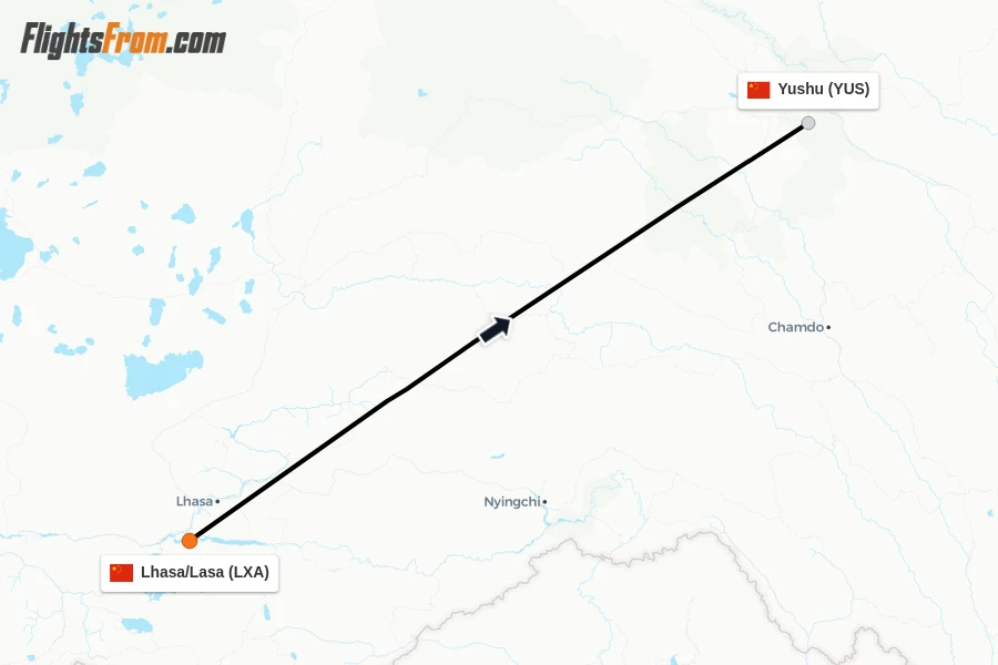 Flights from Lhasa/Lasa to Yushu route map
