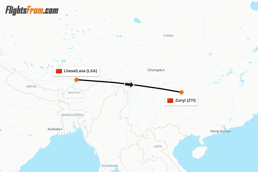 Flights from Lhasa/Lasa to Zunyi route map