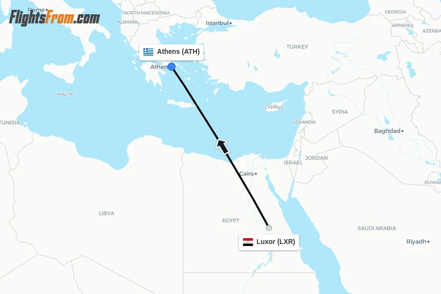 Flights from Luxor to Athens route map