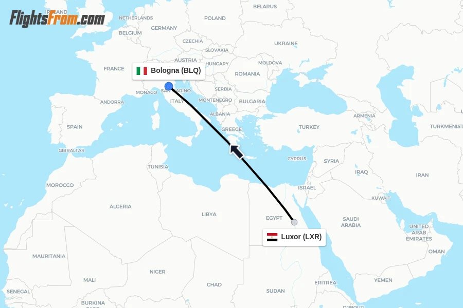 Flights from Luxor to Bologna route map