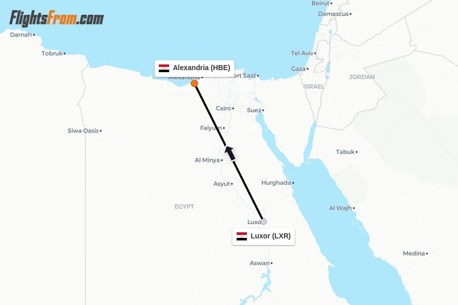 Flights from Luxor to Alexandria route map
