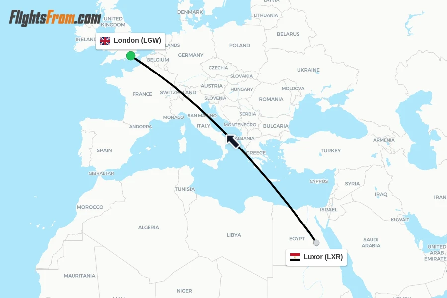Flights from Luxor to London route map