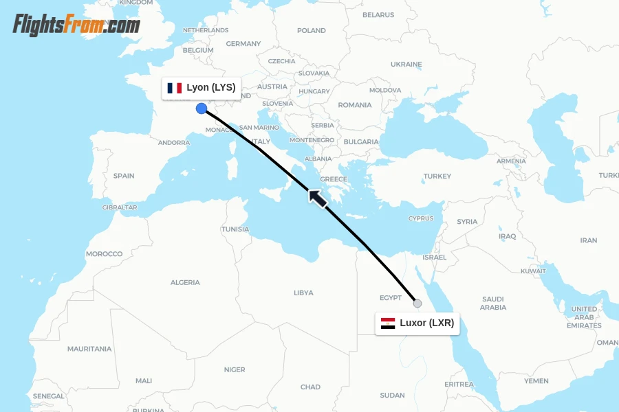 Flights from Luxor to Lyon route map