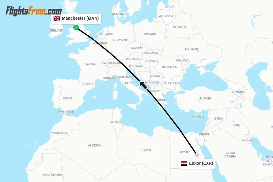 Flights from Luxor to Manchester route map
