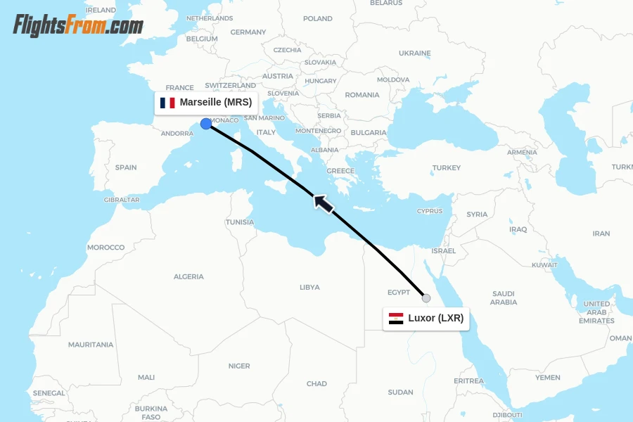 Flights from Luxor to Marseille route map
