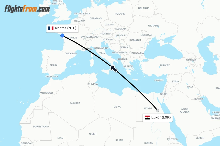 Flights from Luxor to Nantes route map